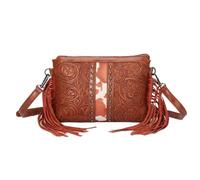 CORIOS Damen Fransen Umhängetasche Boho Schultertasche Handtasche mit Ethnischem Blumenprägung Böhmische Quasten Tragetasche Sommer Strand Tasche PU Leder Henkeltasche Schokoladenbraun