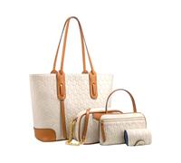 CORIOS Damen Handtasche 4pcs Set Schultertasche mit Retro Druckmuster PU Leder Umhängetasche Groß Henkeltasche Tote Beutel Elegant Tragetasche Henkeltaschen für Alltag Arbeit Einkaufen Reisen Weiß