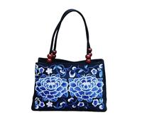 CORIOS Damen Handtasche Ethno Stickerei Blumen Schultertasche Boho Tote Beutel Canvas Tragetasche Vintage Unterarmtasche mit Zwei Hauptfächern Arbeiten Reisen Henkeltasche Blau Weißes Porzellan