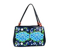 CORIOS Damen Handtasche Ethno Stickerei Blumen Schultertasche Boho Tote Beutel Canvas Tragetasche Vintage Unterarmtasche mit Zwei Hauptfächern Einkaufen Arbeiten Reisen Henkeltasche Blaue Pfingstrose