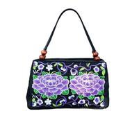 CORIOS Damen Handtasche Ethno Stickerei Blumen Schultertasche Boho Tote Beutel Canvas Tragetasche Vintage Unterarmtasche mit Zwei Hauptfächern Arbeiten Reisen Henkeltasche Violette Pfingstrose