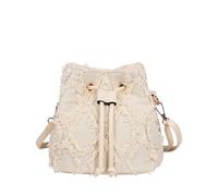 CORIOS Damen Jeans Eimer Tasche Gesteppte Fransen Denim Handtasche Schultertasche Umhängetasche mit Kordelzug Retro Tragetasche Kleine Henkeltaschen Shopper Reise Arbeit Alltag Tote Beutel Weiß