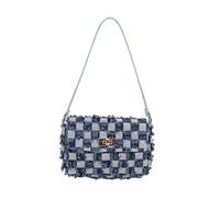 CORIOS Damen Jeans Eimer Tasche Gesteppte Fransen Denim Handtasche Schultertasche Umhängetasche mit Kordelzug Retro Tragetasche Kleine Henkeltaschen Shopper Reise Tote Beutel Dunkelblau Kariert A