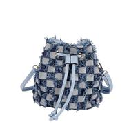 CORIOS Damen Jeans Eimer Tasche Gesteppte Fransen Denim Handtasche Schultertasche Umhängetasche mit Kordelzug Retro Tragetasche Kleine Henkeltaschen Shopper Reise Arbeit Tote Beutel Blau Kariert