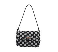 CORIOS Damen Jeans Eimer Tasche Gesteppte Fransen Denim Handtasche Schultertasche Umhängetasche mit Kordelzug Retro Tragetasche Kleine Henkeltaschen Shopper Reise Arbeit Tote Beutel Schwarz Kariert A