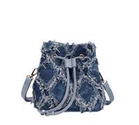 CORIOS Damen Jeans Eimer Tasche Gesteppte Fransen Denim Handtasche Schultertasche Umhängetasche mit Kordelzug Retro Tragetasche Kleine Henkeltaschen Shopper Reise Arbeit Alltag Tote Beutel Blau