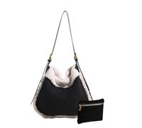 CORIOS Damen Lammwolle Handtasche Plüsch Schultertasche Kunstfell Flauschige Henkeltaschen Große Umhängetasche Wildleder Tote Beutel 2pcs Retro Tragetasche für Shopper Reise Arbeit Schwarz