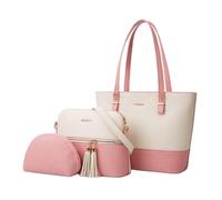 CORIOS Damen PU Leder Handtasche 3pcs Set Schultertasche Groß Umhängetasche Tragetasche Henkeltaschen mit Fransen Elegant Henkeltasche Alltag Arbeit Einkaufen Reisen Tote Beutel Weiß Rosa
