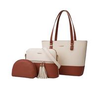 CORIOS Damen PU Leder Handtasche 3pcs Set Schultertasche Groß Umhängetasche Tragetasche Henkeltaschen mit Fransen Elegant Henkeltasche Alltag Arbeit Einkaufen Reisen Tote Beutel Weiß Braun