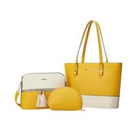 CORIOS Damen PU Leder Handtasche 3pcs Set Schultertasche Groß Umhängetasche Tragetasche Henkeltaschen mit Fransen Elegant Henkeltasche Alltag Arbeit Einkaufen Reisen Tote Beutel Weiß Gelb