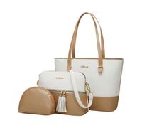 CORIOS Damen PU Leder Handtasche 3pcs Set Schultertasche Groß Umhängetasche Tragetasche Henkeltaschen mit Fransen Elegant Henkeltasche Alltag Arbeit Einkaufen Reisen Tote Beutel Weiß Gold
