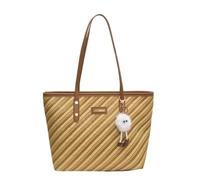 CORIOS Damen PU Leder Handtasche, Gestreiftes Schultertasche mit Liebesweichem Weißen Pompon Anhänger Große Kapazität Aktenkoffer Henkeltasche für Geschäft Büro Reise Arbeit Braun