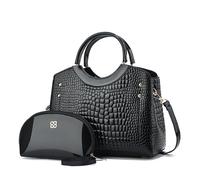 CORIOS Damen PU Leder Handtasche Krokodil-Muster Schultertaschen Wasserdicht Umhängetaschen Große Kapazität Tragetasche Henkeltaschen Retro Tote Beutel Elegant Messenger-Tasche 2pcs Schwarz