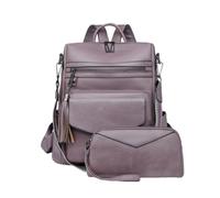CORIOS Damen PU Leder Rucksack 2 Teile Set Retro Schulrucksack mit Fransen Dekor Schulranzen mit Leopardenmuster Vintage Tagesrucksack Elegant Handtasche Schultasche Daypacks Lila