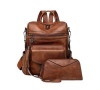 CORIOS Damen PU Leder Rucksack 2 Teile Set Retro Schulrucksack mit Fransen Dekor Schulranzen mit Leopardenmuster Vintage Tagesrucksack Elegant Handtasche Schultasche Daypacks Zweifarbig Braun