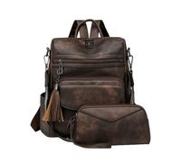 CORIOS Damen PU Leder Rucksack 2 Teile Set Retro Schulrucksack mit Fransen Dekor Schulranzen mit Leopardenmuster Vintage Tagesrucksack Elegant Handtasche Schultasche Daypacks Zweifarbig Kaffee