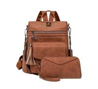 CORIOS Damen PU Leder Rucksack 2 Teile Set Retro Schulrucksack mit Fransen Dekor Schulranzen mit Leopardenmuster Vintage Tagesrucksack Elegant Handtasche Schultasche Daypacks Braun