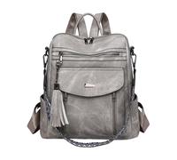 CORIOS Damen Rucksack mit Fransen Dekor PU Leder Schulrucksack mit Quasten Schulranzen mit Vielfältigen Taschenfächern Vintage Tagesrucksack Elegant Handtasche Schultasche Retro Daypacks Grau