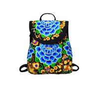 CORIOS Damen Rucksack Schulrucksack mit Ethnischer Stickerei Bohemian Canvas Schulranzen Beiläufig Daypacks Mädchen Schultaschen Schultasche Boho Handtasche mit Kordelverschluss Blaue Pfingstrose S
