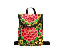 CORIOS Damen Rucksack Schulrucksack mit Ethnischer Stickerei Bohemian Canvas Schulranzen Beiläufig Daypacks Mädchen Schultaschen Schultasche Boho Handtasche mit Kordelverschluss Rote Pfingstrose L