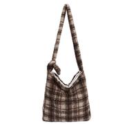 CORIOS Damen Tartan Schultertasche Lammwolle Handtasche Plüsch Umhängetasche Große Kapazität Einkaufstaschen Elegant Retro Tragetasche Tote Beutel Kunstfell Flauschige Henkeltaschen Khaki