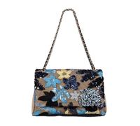 CORIOS Damen Umhängetaschen aus Leinen-Baumwolle Schultertasche mit Paillettenstickerei Boho Stil Handtasche Sommer Strand Tasche Bunte Gestrickte Tasche Ethnische Messenger Tragetasche Dunkelblau