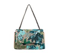 CORIOS Damen Umhängetaschen aus Leinen-Baumwolle Schultertasche mit Paillettenstickerei Boho Stil Handtasche Sommer Strand Tasche Bunte Gestrickte Tasche Ethnische Messenger Tragetasche Pfauengrün