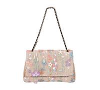 CORIOS Damen Umhängetaschen aus Leinen-Baumwolle Schultertasche mit Paillettenstickerei Boho Stil Handtasche Sommer Strand Tasche Ethnische Messenger Tragetasche Beige mit Kettenmuster