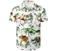 COSAVOROCK Herren Dinosaurier Hemd Blumen Aloha Casual Hawaiihemd, Weiß, M