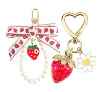 Cosmeria 2 Stück Schlüsselanhänger mit Erdbeermotiv, süßer Taschenanhänger, Blume, Gänseblümchen, Perle, Schleife, Schlüsselanhänger, Erdbeere