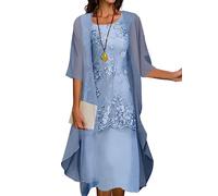 Costaric Fließendes Midikleid mit Jacke für Damen, Blumenmuster, 2-teiliges Set, 3/4-Ärmel, Sommer, Cocktail, Hochzeit, Gäste-Chiffon-Kleid, A4, Himmelblau, 4X-Groß