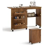 COSTWAY 2 in 1 Nähschrank & Schreibtisch klappbar, Nähtisch aus Holz mit 3 Einlegeböden für Spulen & feststellbare Rollen, Nähmaschinenschrank für Wohnzimmer, Schlafzimmer & Büro (Kaffee)