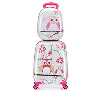 COSTWAY 2tlg Kinderkoffer + Rucksack, Kindertrolley aus Kunststoff, Kindergepäck, Kinder Kofferset Handgepäck Reisegepäck Hartschalenkoffer für Jungen und Mädchen (Rosa Eule, 12"+16")