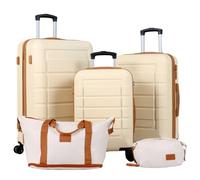 COSTWAY Kofferset 5 teilig Hartschale, Koffer Set mit1Reisetasche & 1 Kulturbeutel, Reisekoffer mit Teleskopgriff & Zahlenschloss, Handgepäck, Hartschalenkoffer mit Rollen (Beige)