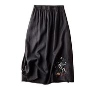 COTCLO Langer Rock aus Baumwolle und Leinen, Sommerrock, bestickt, einfarbig, großer Swingrock, All-Match, dünner langer Damenrock, Schwarz , 48