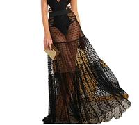COTCLO Langer Rock Damen Durch Mesh Langer Rock Hohe Taille Dot Lose Sommer Strand Urlaub Cool Transparent Maxirock, Schwarz , 48