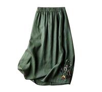 COTCLO Langer Rock Damen Retro Baumwolle Und Leinen Sommer Rock Frauen Gestickt Einfarbige Große Swing Rock All-Match Dünne Lange Damen Rock-Green,XL