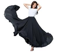 COTCLO Langer Rock Damen Tanzrock Plissee Langer Rock Sommer Einfarbig Hohe Taille Chiffon Langer Rock Großer Swing Rock, Schwarz , 48