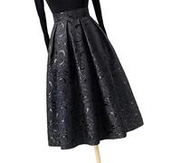 COTCLO Langer Rock für Damen, Frühling, Sommer, Blumen, Jacquard, hohe Taille, Midi-Länge, A-Linien-Rock, große voluminöse Röcke, Schwarz , 36