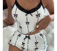 CottageSlumber Schwarze Schleife Muster Spitzenbesatz Jacquard Strick Trägerhemd & Shorts Schlafanzug Set für Frauen