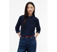 Rundhalspullover TOMMY HILFIGER "CO CABLE C-NK LS SWEATER", Damen, Gr. XL (46), blau (schwarz night navy), Strick, Obermaterial: 100% Baumwolle, unifarben, regular fit normal, Rundhals, Rippstrickbünd