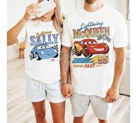 Couple Lightning McQueen & Sally Back Print 100% Baumwolle T-Shirt, Vintage Disney Cars Sketch Graphic Lässig Kurzarm Tee