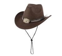 Cowboy Hut Damen Herren Braun, Verstellbarer Westernhut 56-58 cm mit Lederband, Breite Krempe Fedora Hut, Vintage Cowgirl Hut für Karneval, Cosplay, Party, Festival und Outdoor