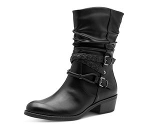 Cowboy Stiefelette MARCO TOZZI, Damen, Gr. 38, schwarz, Lederimitat, Schuhe Cowboy-Stiefelette Cowboyboots Stiefelette, Blockabsatz, Kurzstiefel, Westernstiefelette mit Flecht-Zierriemchen (83781726-3