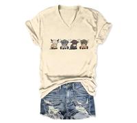Cowboy T-Shirts für Frauen Fun Four Cow Print Highland Cow Geschenke V-Ausschnitt Kurzarm Geburtstag Neuheit Tops & T-Shirts Highland Kuh Geschenke