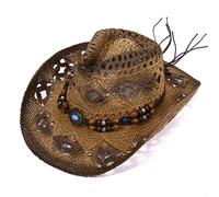 Cowboyhut aus Stroh, unisex, ausgehöhlter Cowboyhut, breite Krempe, Strandhut, Fedora-Strohhut, Western-Cowboy-Sonnenhut mit Perlenband, Khaki, khaki
