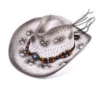 Cowboyhut aus Stroh, unisex, ausgehöhlter Cowboyhut, breite Krempe, Strandhut mit Perlenband, weiß