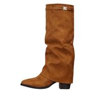Cowboystiefel Damen Wildleder Braun Weitschaftstiefel Absatz Schlupfstiefel | Cowboystiefel Mittel Hoch Westernstiefel Schick Halbstiefel Spitz Stiefeletten Halbhoch Schlupfstiefel Blockabsatz
