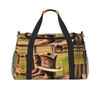 Cowgirl-Stiefel, Hut mit Bauernhof-Druck, Wochenendtasche für Damen, Reisetasche, persönliche Gegenstände, Reisetasche, Gepäck, Reisezubehör, Schwarz , Einheitsgröße