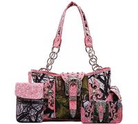 Cowgirl Trendy Camouflage-Kreuznieten Western-Stil versteckte Tragetasche Damen Handtasche Country Schultertasche Brieftasche Set, (Fuchsia Set), Large